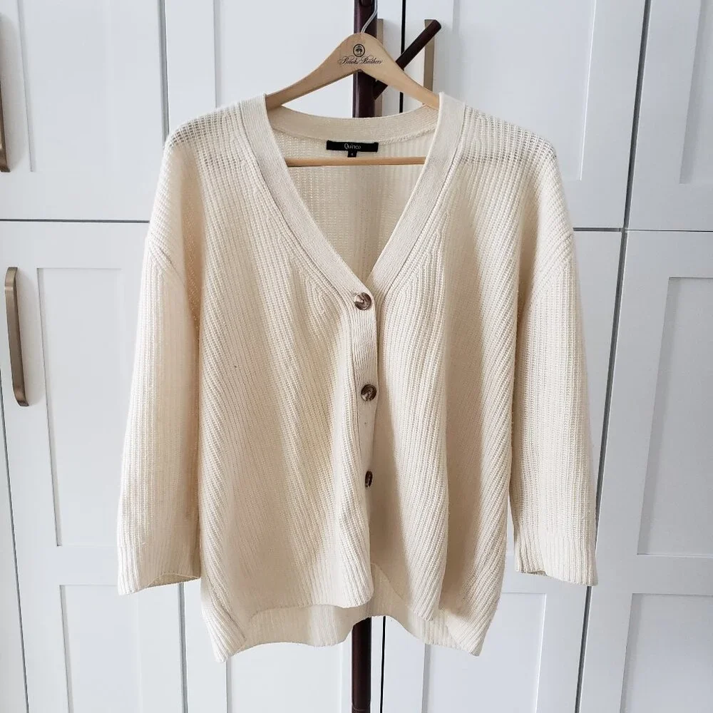 Quince Mongolian Cashmere Fisherman Boxy Cropped Cardigan Sweater Womens Ivory S - Picture 4 of 7
